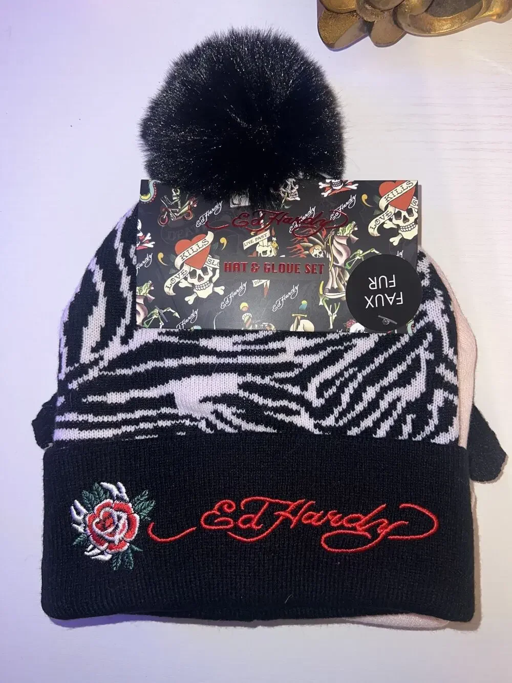 Ed Hardy 3 Pc GIRLS Set 2 Beanies Embroidered Black & Pink & Black Knit Gloves